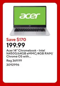 Staples Acer 14 Chromebook - Intel N4500/64GB eMMC/4GB RAM/Chrome OS with 3 months of Google AI Pro offer