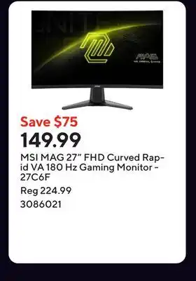 Staples MSI MAG 27 FHD Curved Rapid VA 180 Hz Gaming Monitor - 27C6F offer