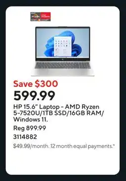 Staples HP 15.6 Laptop - AMD Ryzen 5-7520U/1TB SSD/16GB RAM/Windows 11 offer