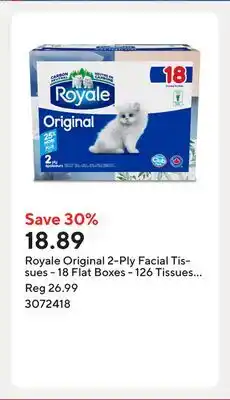 Staples Royale Original 2-Ply Facial Tissues - 18 Flat Boxes - 126 Tissues per Box offer