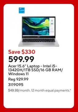 Staples Acer 15.6 Laptop - Intel i5-13420H/1TB SSD/16 GB RAM/Windows 11 offer