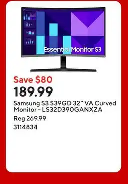 Staples Samsung S3 S39GD 32 VA Curved Monitor - LS32D390GANXZA offer