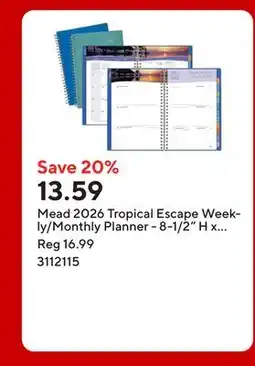 Staples Mead 2026 Tropical Escape Weekly/Monthly Planner - 8-1/2 H x 5-1/2 W - Assorted Colours - Bilingual offer