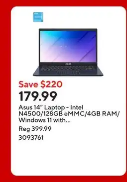 Staples Asus 14 Laptop - Intel N4500/128GB eMMC/4GB RAM/Windows 11 with 1-year of Microsoft 365 offer
