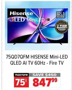2001 Audio Video 75QD7QFM HISENSE 75 Mini-LED QLED AI TV 60Hz - Fire TV offer