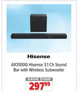 2001 Audio Video AX3100Q Hisense 3.1 Ch Sound Bar with Wireless Subwoofer offer