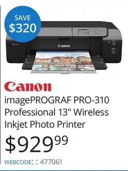 Vistek Canon imagePROGRAF PRO-310 Professional 13 Wireless Inkjet Photo Printer offer