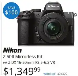 Vistek Z 50II Mirrorless Kit w/ Z DX 16-50mm f/3.5-6.3 VR offer