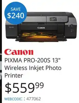 Vistek Canon PIXMA PRO-200S 13 Wireless Inkjet Photo Printer offer