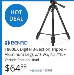 Vistek Benro T800EX Digital 3-Section Tripod – Aluminum Legs w/ 3-Way Pan/Tilt + Verticle Postion Head offer