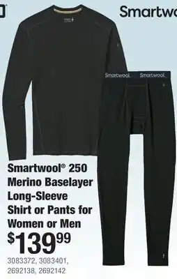 Cabela's Smartwool 250 Merino Baselayer Long-Sleeve Shirt or Pants for Women or Men offer