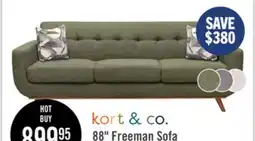 The Brick Kort & Co. Freeman 88 Linen-Look Fabric Sofa with Wood Base and Tufted Back Cushions - Avocado Green offer