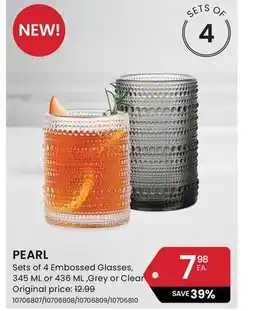 Stokes PEARL Sets of 4 Embossed Glasses, 345 ML or 436 ML ,Grey or Clear offer