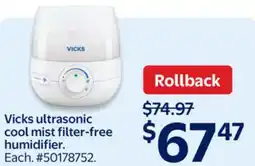 Walmart Vicks ultrasonic cool mist filter-free humidifier offer
