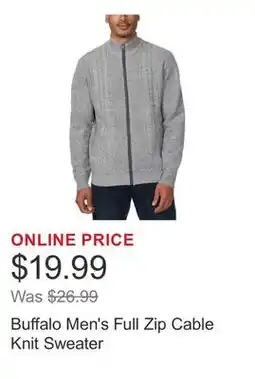 Costco Buffalo Men's Full Zip Cable Knit Sweater offer
