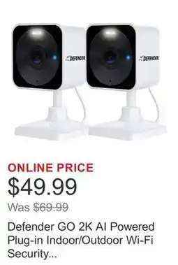 Costco Defender GO 2K AI Powered Plug-in Indoor/Outdoor Wi-Fi Security Cameras, 2 pack offer