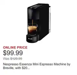 Costco Nespresso Essenza Mini Espresso Machine by Breville, with $20 Nespresso coffee voucher offer