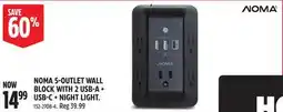 Canadian Tire NOMA 5-OUTLET WALL BLOCK WITH 2 USB-A + USB-C + NIGHT LIGHT offer