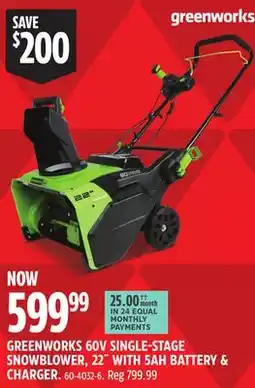 Canadian Tire GREENWORKS 60V SINGLE-STAGE SNOWBLOWER, 22 WITH 5AH BATTERY & CHARGER offer