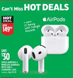 Canadian Tire APPLE AIRPODS 4 WIRELESS EARBUDS WITH USB-C CHARGING CASE offer