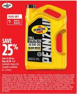 Canadian Tire Pennzoil Full Synthetic Motor Oil offer
