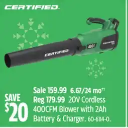 Canadian Tire Certified 20V Cordless 400CFM Blower with 2Ah Battery & Charger offer