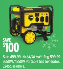 Canadian Tire Champion 3650W/4550W Portable Gas Generator offer