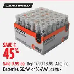 Canadian Tire CERTIFIED Alkaline Batteries, 36/AA or 36/AAA offer