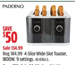 Canadian Tire PADERNO 4-Slice Wide-Slot Toaster, 1800W. 9 settings offer