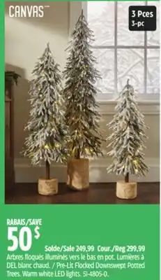 Canadian Tire CANVAS Pre-Lit Flocked Downswept Potted Trees. Warm white LED lights offer