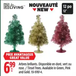 Canadian Tire FOR LIVING Tinsel Trees. Available in Green, Pink and Gold offer