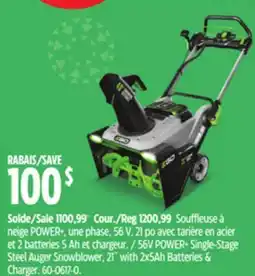 Canadian Tire 56V POWER. Single-Stage Steel Auger Snowblower, 21 with 2x5Ah Batteries & Charger offer