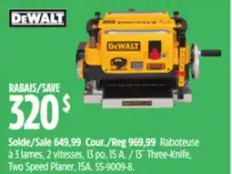 Canadian Tire Dewalt 13˝ Three-Knife, Two Speed Planer, 15A offer