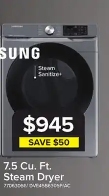 Leon's Samsung Platinum Steam Front Load Dryer (7.5 cu.ft.) - DVE45B6305P/AC offer