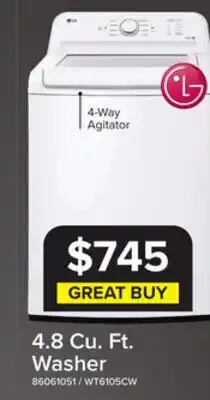 Leon's LG White Top Load Washer with Agitator and SlamProof Glass Lid (4.8 Cu. Ft) -WT6105CW offer