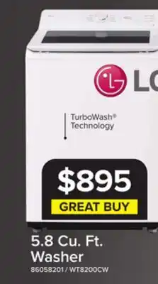 Leon's LG White Mega Capacity Smart Top Load Washer with AI Sensing (5.8 Cu. Ft) - WT8200CW offer