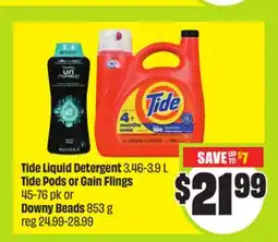 FreshCo Tide Liquid Detergent 3.46-3.9 L Tide Pods or Gain Flings 45-76 pk or Downy Beads 853 g offer