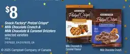 Loblaws SNACK FACTORY PRETZEL CRISPS MILK CHOCOLATE CRUNCH & MILK CHOCOLATE & CARAMEL DRIZZLERS, 155 G offer