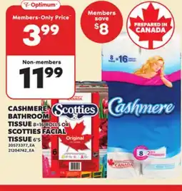 Loblaws CASHMERE BATHROOM TISSUE 8=16 ROLLS OR SCOTTIES FACIAL TISSUE 6'S offer