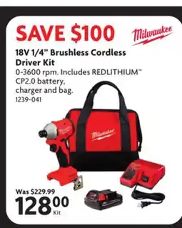 Home Hardware 18V 1/4 Brushless Cordless Driver Kit offer