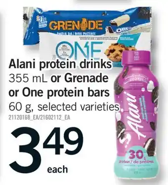 Fortinos ALANI PROTEIN DRINKS, 355 ML OR GRENADE OR ONE PROTEIN BARS, 60 G offer