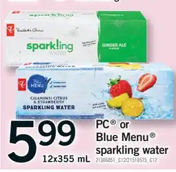 Fortinos PC OR BLUE MENU SPARKLING WATER, 12x355 mL offer