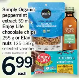 Fortinos SIMPLY ORGANIC PEPPERMINT EXTRACT, 59 ML, ENJOY LIFE CHOCOLATE CHIPS, 255 G OR ELAN NUTS, 125-185 G offer