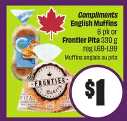Chalo FreshCo Compliments English Muffins 6 pk or Frontier Pita 330 g offer