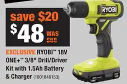 Home Depot Ryobi 18V ONE+ 3/8 Drill/Driver Kit with 1.5AH Battery & Charger offer