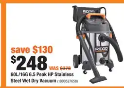 Home Depot 60L/16G 6.5 Peak HP Stainless Steel Wet Dry Vacuum offer