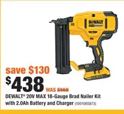Home Depot DEWALT 20V MAX 18-Gauge Brad Nailer Kit with 2.0Ah Battery and Charger offer