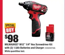 Home Depot MILWAUKEE M12 1/4 Hex Screwdriver Kit with (2) 1.5Ah Batteries and Charger offer