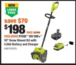Home Depot RYOBI 18V ONE+ 10 Snow Shovel Kit with 4.0Ah Battery and Charger offer