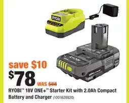 Home Depot RYOBI 18V ONE+ Starter Kit with 2.0Ah Compact Battery and Charger offer